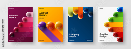 Vivid pamphlet design vector layout bundle. Creative realistic balls magazine cover concept composition.