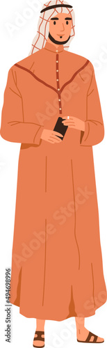 Muslim Arab Man in Thobe and Headwear Cartoon Illustration
