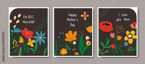 Happy Mother's Day greeting card collection with cute scandinavian flowers. Spring floral holiday background set for poster, cover, social media post template. Color vector illustrations