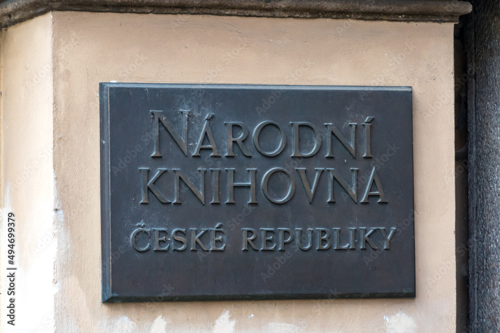 Fototapeta premium Prague, Czech Republic - July 24, 2020: Plaque of the National Library of the Czech Republic (Národní knihovna České republiky)