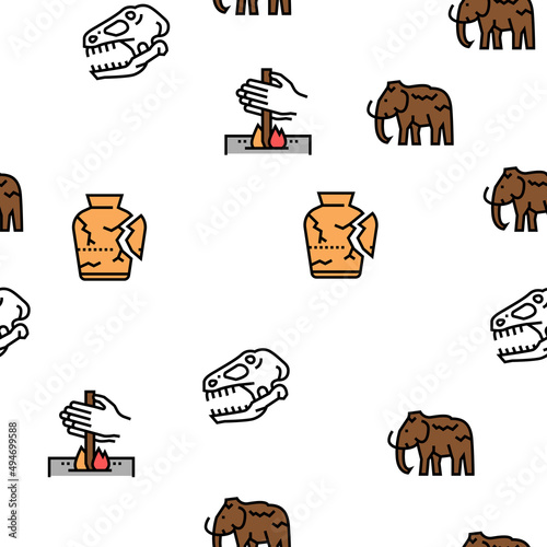 Prehistoric Period Vector Seamless Pattern Thin Line Illustration