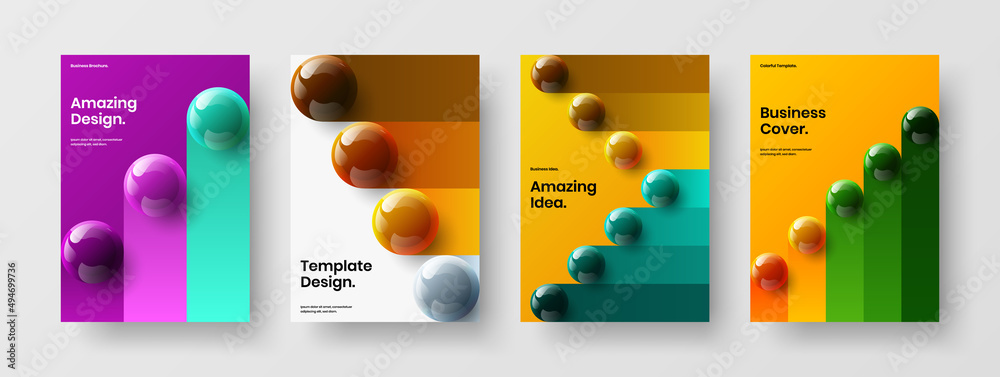 Creative 3D spheres cover layout composition. Minimalistic company brochure design vector illustration bundle.