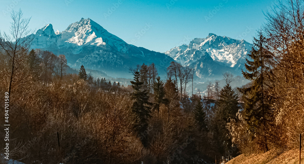 Beautiful alpine winter morning with the famous Watzmann and Hochkalter summits in the background near Berchtesgaden, Bavaria, Germany