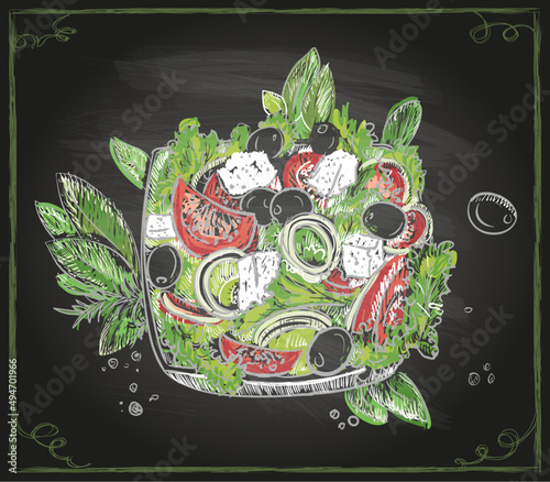 Vegetable salad sketch on a chalkboard, greek salad hand drawn chalk illustration