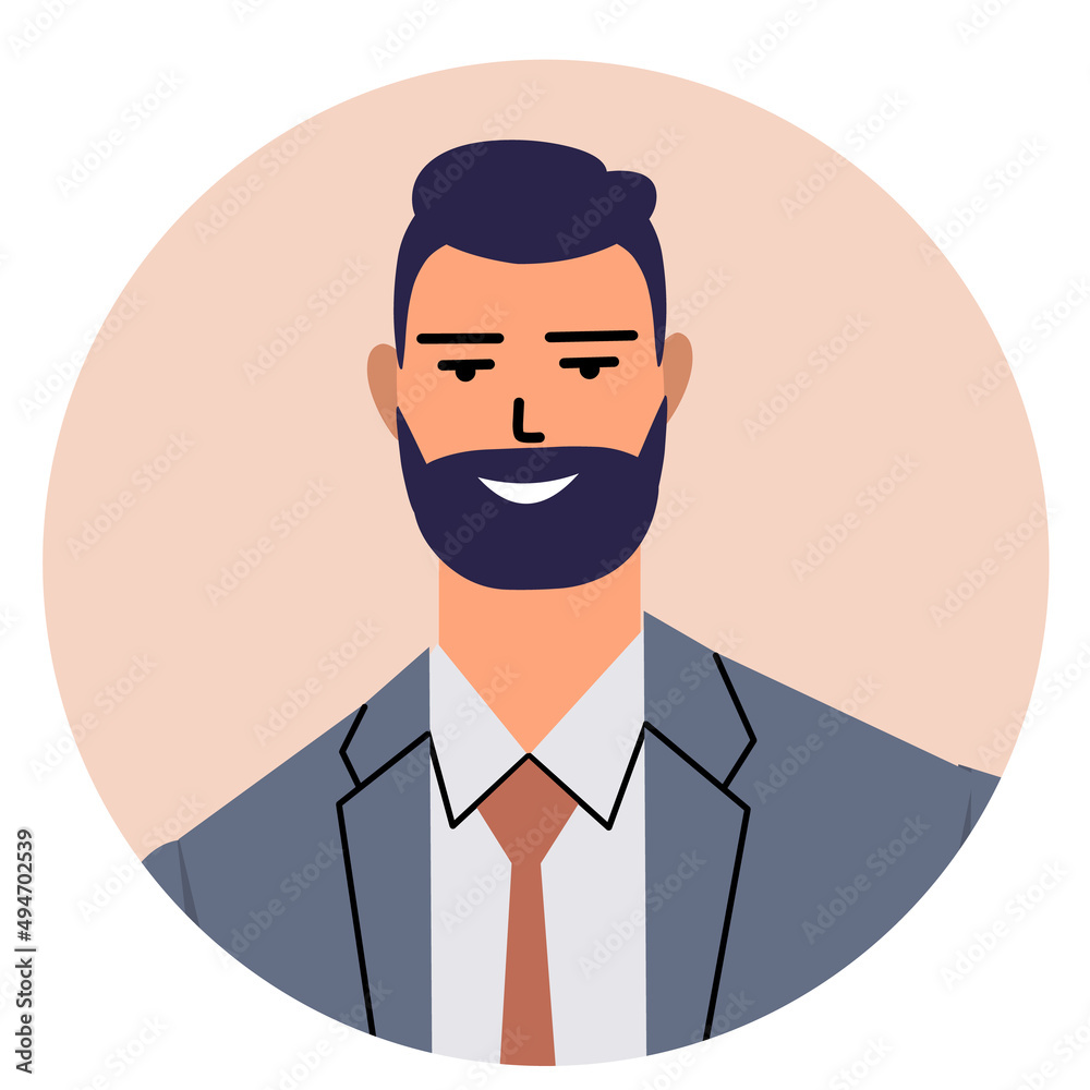 Round icon of a business man. Portrait of a man with a beard in a suit and tie. Avatar of a happy smiling man in dark gray clothes. Flat style isolated on white background. Vector Round icon of a business man. Portrait of a man with a beard in a suit and tie. Avatar of a happy smiling man in dark gray clothes. Flat style isolated on white background. Vector