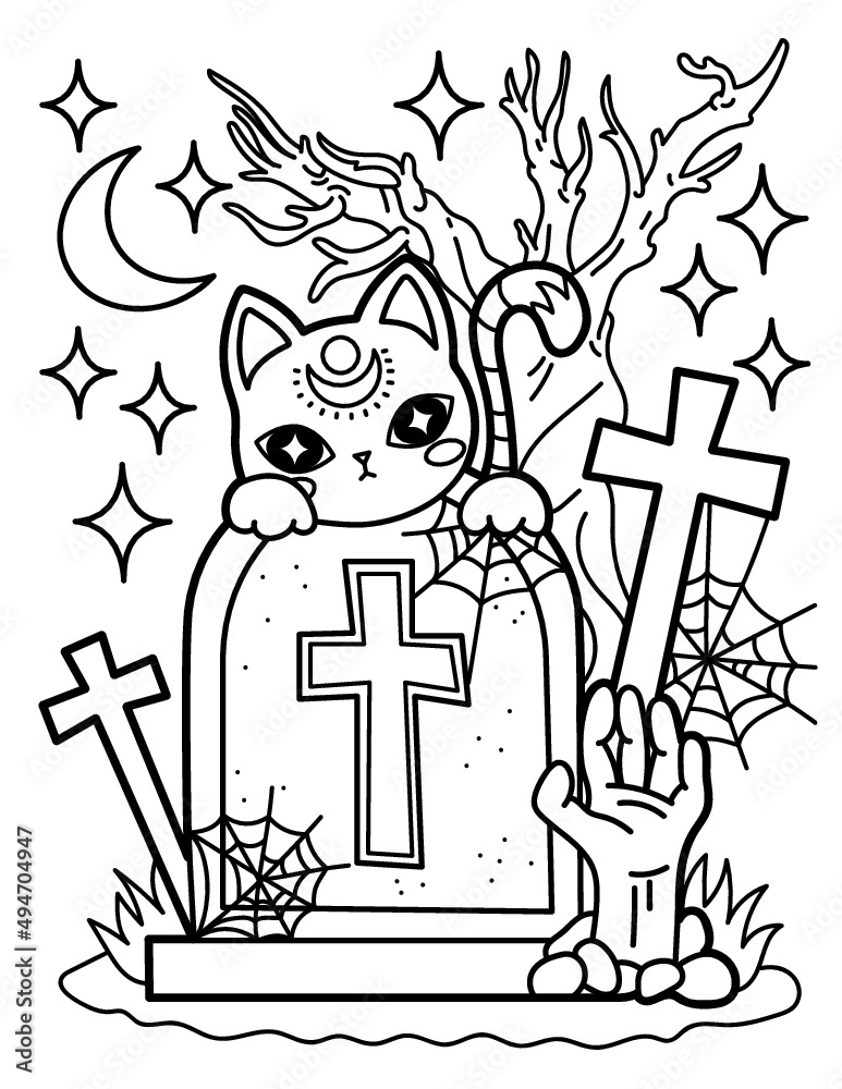 Kawaii coloring page. Mystic. The cat is sitting in the cemetery ...
