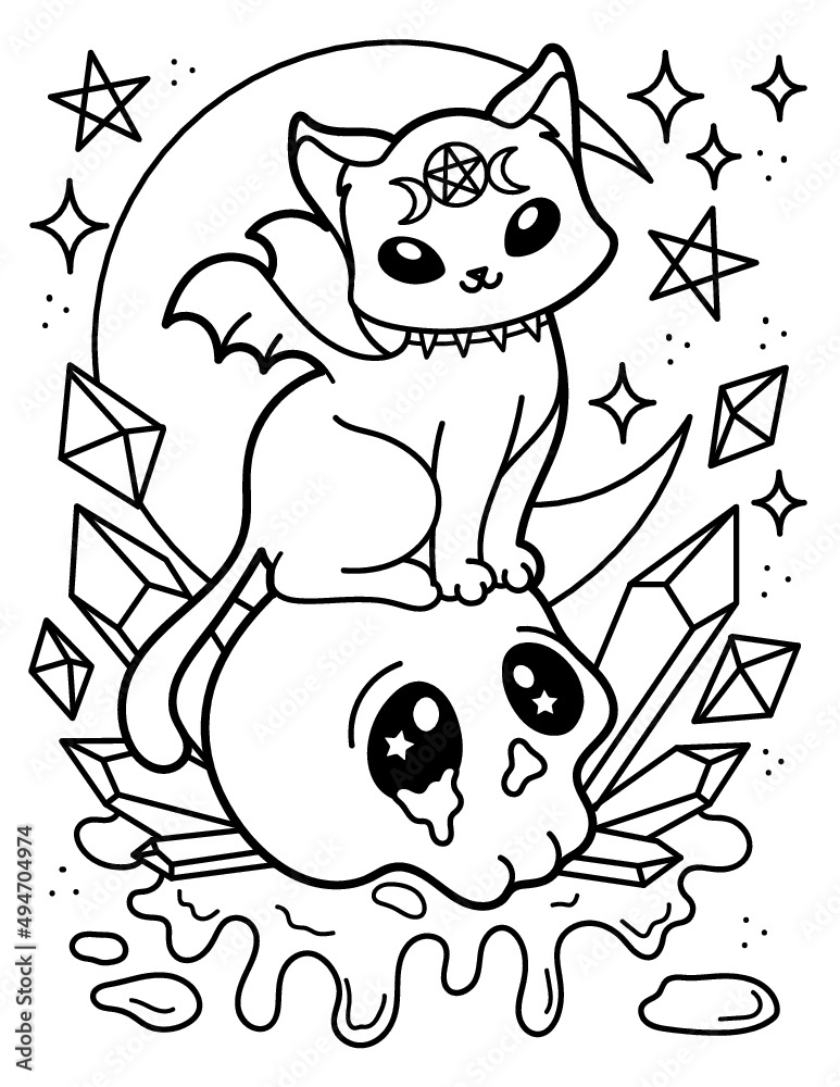 Kawaii coloring page. Mystic. The cat is sitting on the skull ...