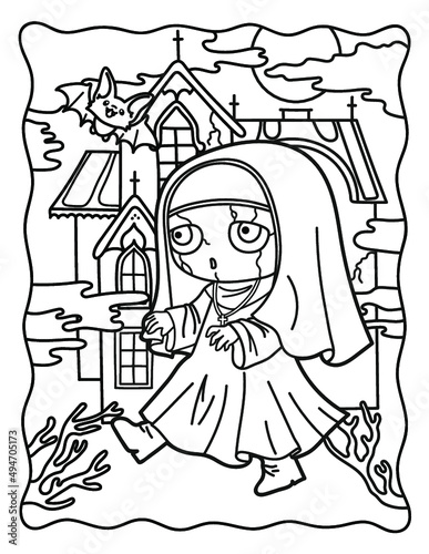 Coloring book kawaii. Halloween. Coloring book for children and adults. Horrible coloring pages. Nun. Lovely horror stories.