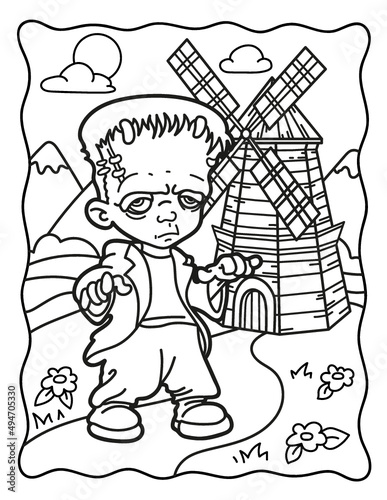 Frankenstein. Mill on the background.Coloring book for Halloween. Coloring book for children and adults. Spooky coloring. Halloween.