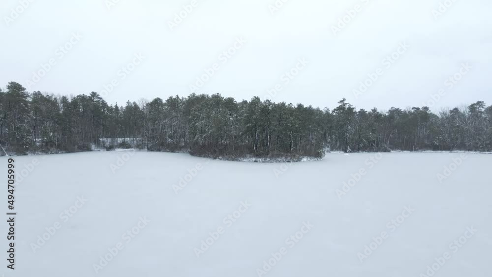 Drone Approaching Trees With Hoarfrost On Frozen Lake During Winter Season In New Jersey. aerial Drone Approaching Trees With Hoarfrost On Frozen Lake During Winter Season In New Jersey. aerial