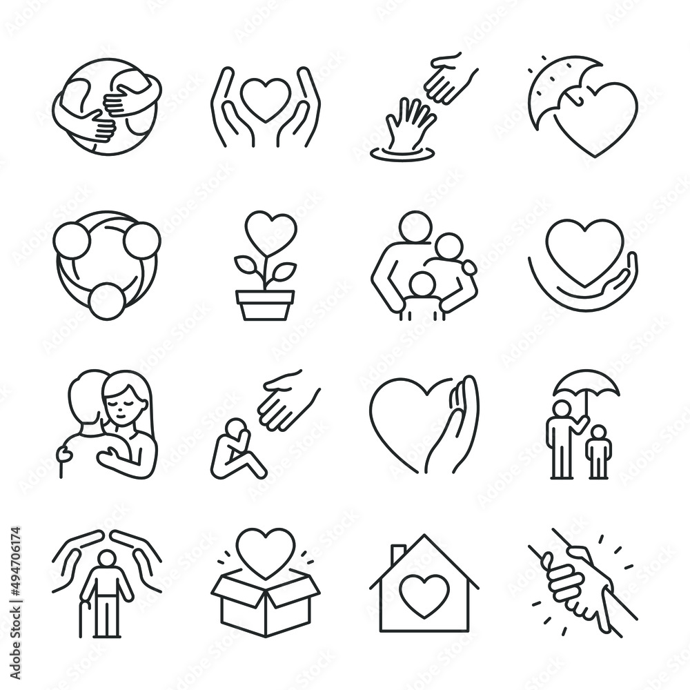 Care, support icons set. Help in a difficult life situation, icon collection. Helping hand, heart, keeping alive, hugs. Line with editable stroke - obrazy, fototapety, plakaty 
