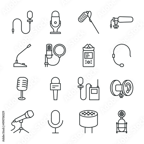 Microphone icons set. Different types of devices, lavalier, pop filter, stereo, voice recorder, etc., icon collection. Line with editable stroke