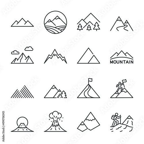 Mountain icons set. mountains of various shapes, icon collection. Line with editable stroke