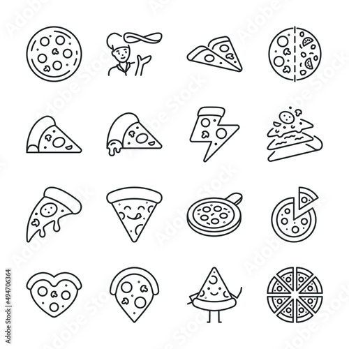 Pizza icons set. Cooking, different shapes, slices of pizza, icon collection. Line with editable stroke