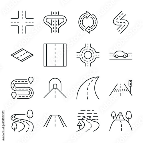 Roads icons set. Road forks icon. Road sections of different shapes. Line with editable stroke