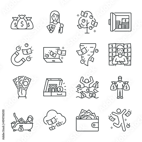 A lot of money icons set. People with money, bathed in money, icon collection. Line with editable stroke