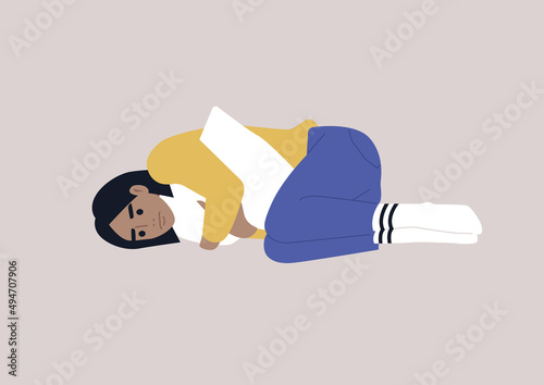 A young female character squeezing a pillow, grief and sorrow concept, depression and anxiety