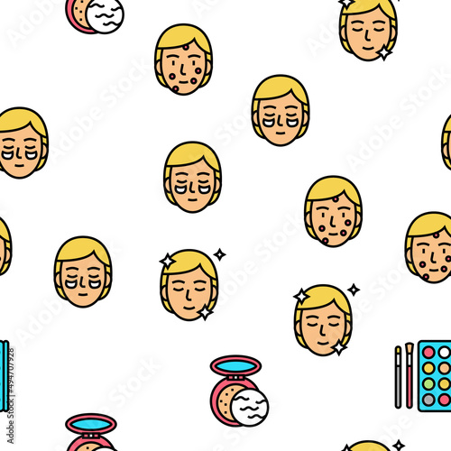 Facial Skin Care Treat Vector Seamless Pattern Thin Line Illustration