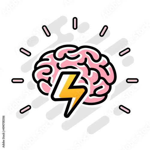 Brainpower vector logo. Human brain and lightning