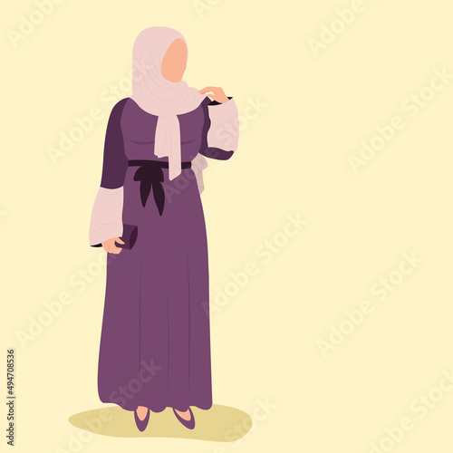 Arabic young woman in hijab, Muslim girl in fashion traditional black dress abaya from UAE or Saudi Arabia posing, islamic model vector illustration
