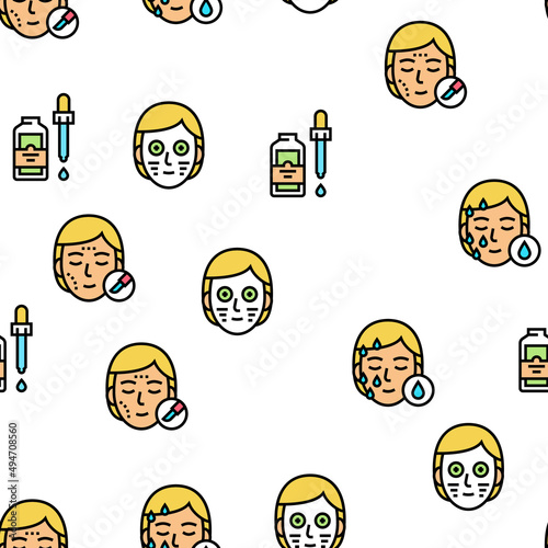 Facial Skin Care Treat Vector Seamless Pattern Thin Line Illustration