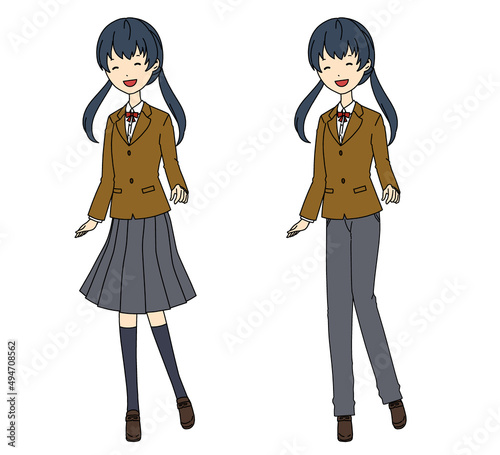 笑顔の女子高生のスカートとズボンの制服のセット