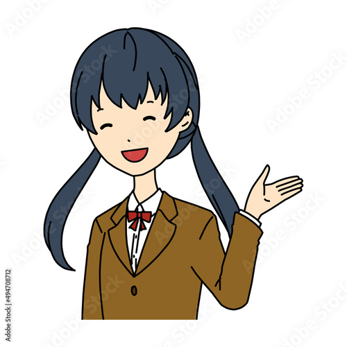 笑顔の案内をするポーズの女子高生の上半身のイラスト