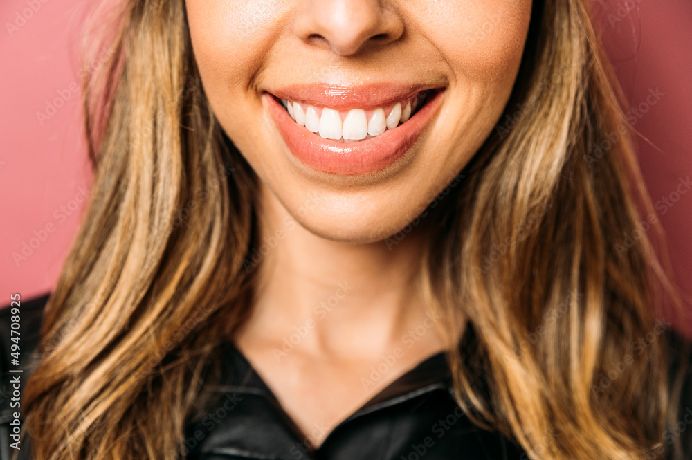 Crop blond woman with tooth smile Crop blond woman with tooth smile