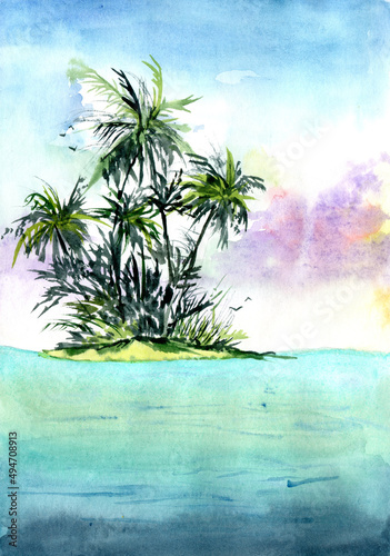 Watercolor illustration of an ocean in the daybreak and a tropical island with palm trees and bushes