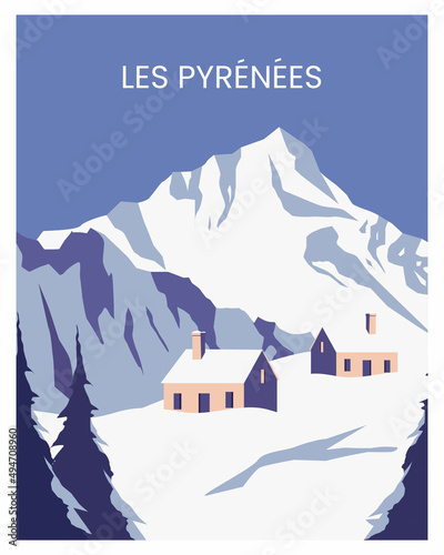 les pyrenees landscape vector illustration background. travel to france. suitable for art print, travel poster, postcard, greeting card.