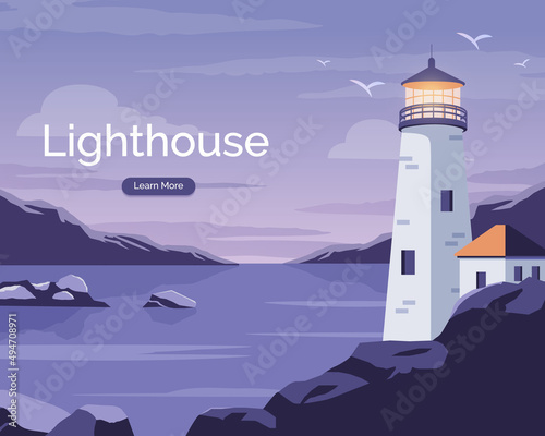 Lighthouse in ocean. LandscapeVector illustration of beautiful sea background mountains and lighthouse.