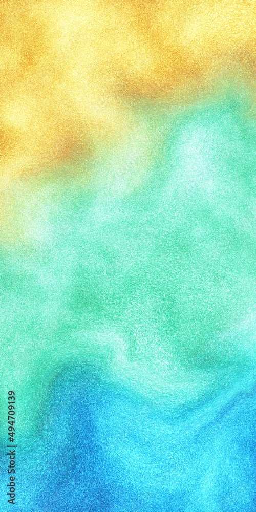カラフルなラメの粒子の抽象縦長背景テンプレート）金色・緑・水色のマーブル　光沢　キラキラ　質感
