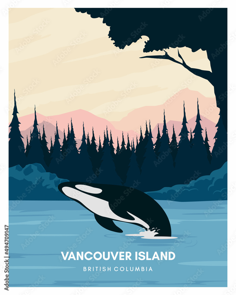 Fototapeta premium vancouver island illustration background. travel to canada. suitable for poster, card, art print. vector landscape with colored style.