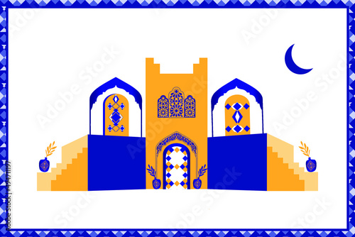 Minimalist and Modern style. Moroccan scene. A Moroccan Palace, doors, windows and traditional craftsmanship. Terracotta background. Vector illustration.	