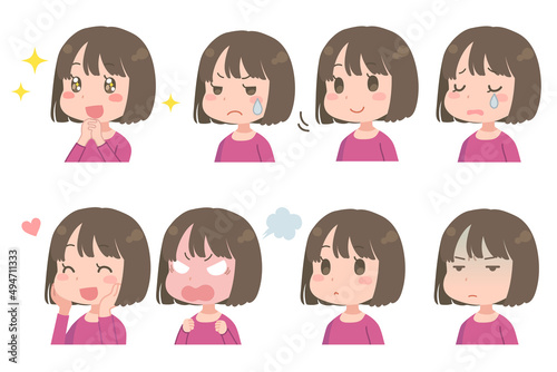 様々な表情の若い女性のイラストセット
