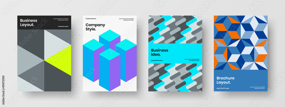 Bright mosaic hexagons presentation layout bundle. Fresh handbill A4 design vector concept set.