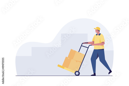 delivery man rolling cardboard box cargo trolley pushcart.