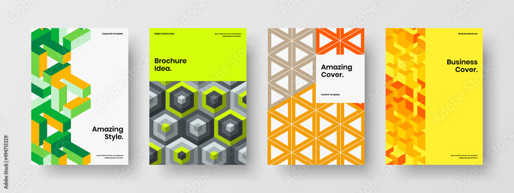 Creative mosaic hexagons corporate identity template set. Clean book cover vector design illustration composition.