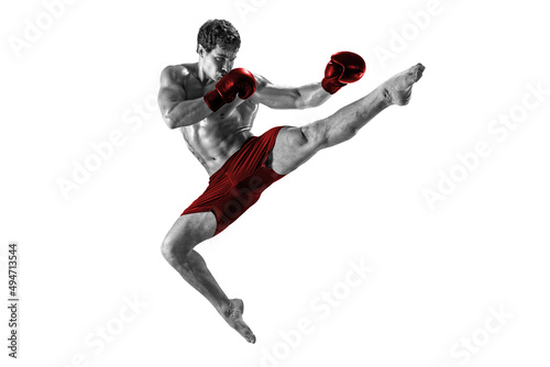 Full length of boxer who perform muay thai martial arts. Black and white Silhouette. Red sportswear 
