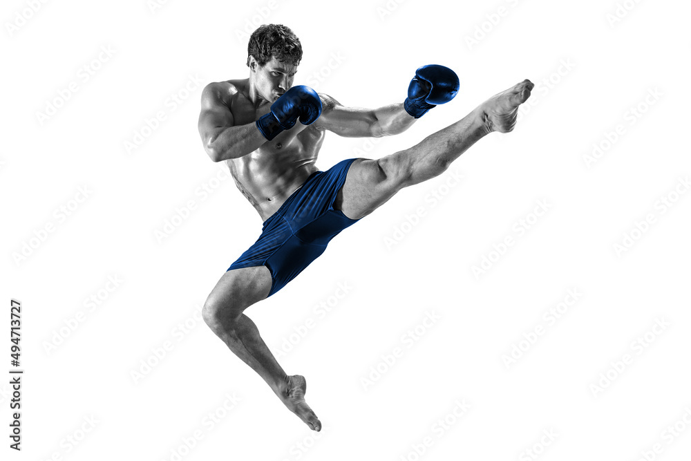 Full length of boxer who perform muay thai martial arts. Black and white Silhouette. Blue sportswear Full length of boxer who perform muay thai martial arts. Black and white Silhouette. Blue sportswear