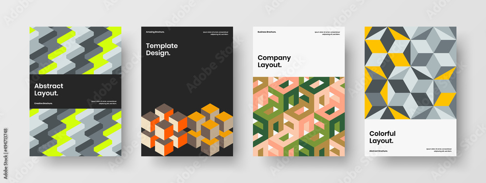 Modern book cover vector design layout bundle. Vivid mosaic tiles leaflet illustration composition.