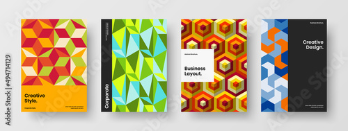 Simple mosaic hexagons corporate identity template collection. Bright postcard design vector illustration composition.
