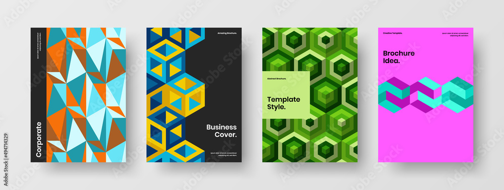 Original book cover A4 design vector concept set. Fresh mosaic hexagons front page illustration composition.