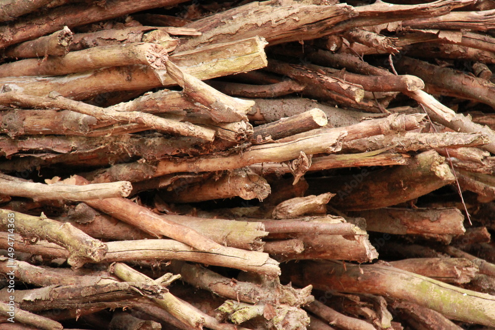 Stacked small wood from close up Stacked small wood from close up