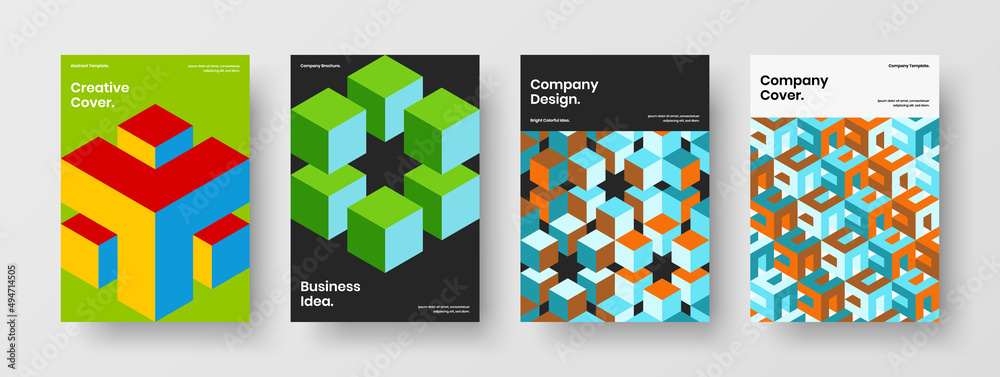 Unique geometric shapes handbill concept composition. Simple magazine cover vector design layout collection.