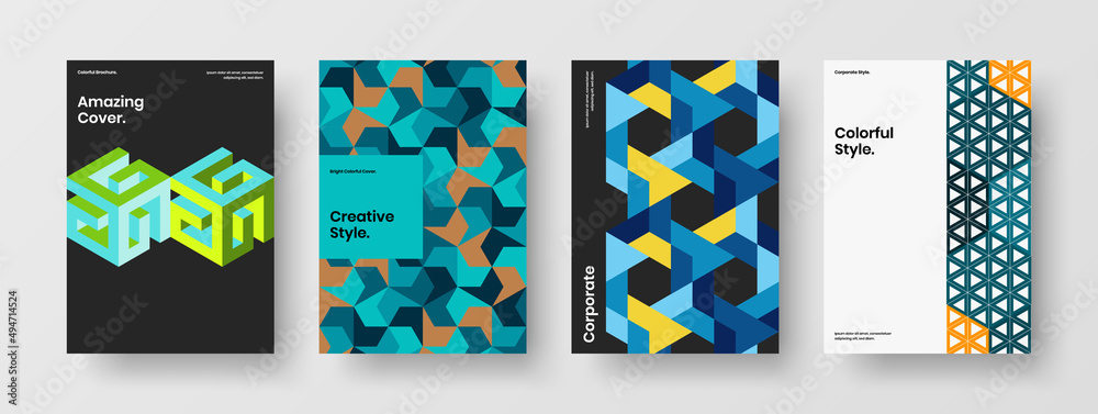 Fresh geometric hexagons company identity illustration composition. Trendy corporate cover A4 design vector concept set.