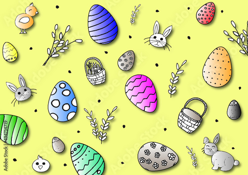 Easter eggs, rabbit, catkin, basket, chicken, yellow background, full edit vector