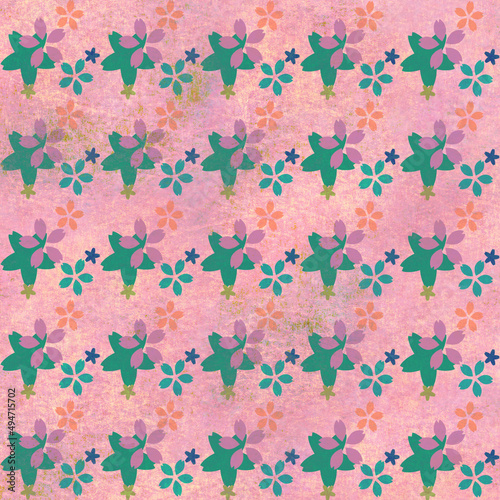 ピンクのグランジ地にやや深い緑などの桜のシルエットのシームレスパターン