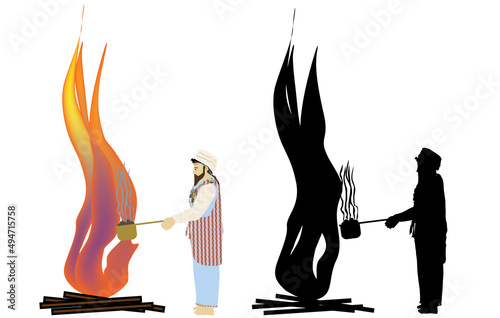 The High Priest's Daily Offering. Colorful vector painting and black silhouette of the work in the Temple in ancient Jerusalem. In the land of Israel. According to Orthodox Jewish history. Isolated