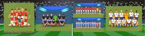 2  Big vector set of soccer teams.Young boys football team. Football Academy. Football players team before match. Players hold their hands on their breasts listening to their national anthem